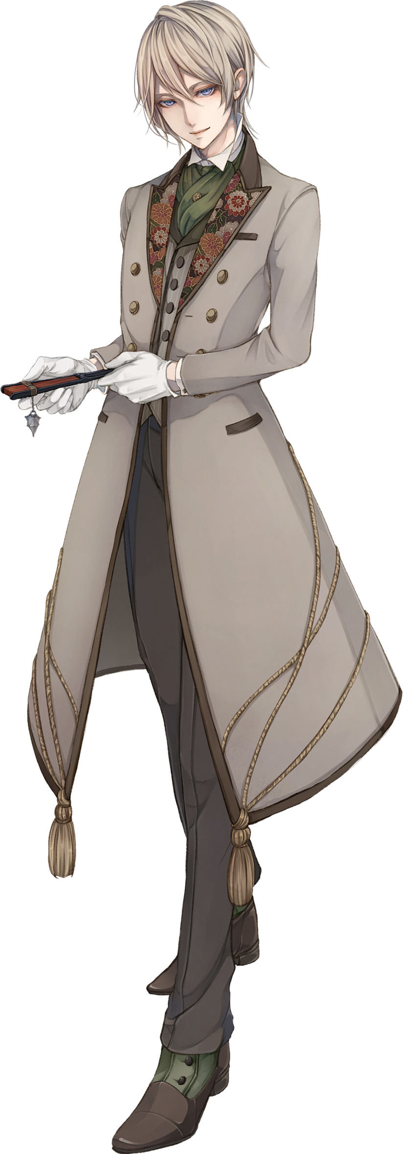 1boy, baroque_(hanakagami), black_pants, blue_eyes, brown_shoes, cartolaio, coat, floral_print