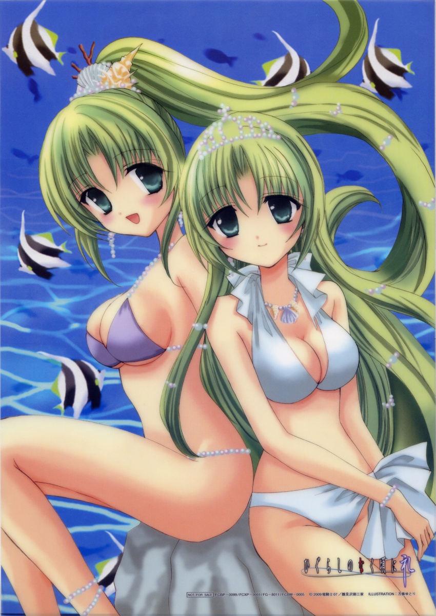 00s, 2girls, bikini, blush, breasts, cleavage, day, fish