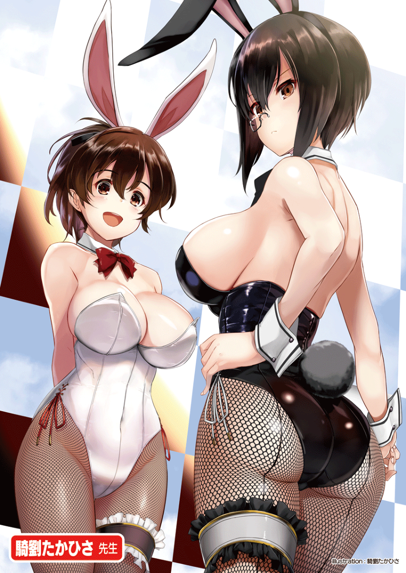 2girls, :d, animal_ears, arms_behind_back, artist_name, ass, back, back-seamed_legwear, black-framed_eyewear, black_hair, black_legwear, black_leotard, black_neckwear, bow, bowtie, breasts, frilled_thigh_strap, brown_eyes, brown_hair, checkered_wall, cleavage, closed_mouth, covered_navel, cowboy_shot, detached_collar, fake_animal_ears, fake_tail, fishnet_pantyhose, fishnets, frilled_garter, from_behind, frown, girls_und_panzer, groin, hand_on_own_hip, kawashima_momo, kiryuu_takahisa, koyama_yuzu, large_breasts, leotard, long_hair, looking_at_viewer, looking_back, monocle, multiple_girls, official_art, open_mouth, pantyhose, playboy_bunny, ponytail, rabbit_ears, rabbit_tail, red_neckwear, seamed_legwear, semi-rimless_eyewear, short_hair, short_ponytail, side-tie_leotard, sideboob, smile, standing, strapless, strapless_leotard, tail, thigh_strap, thighs, under-rim_eyewear, wall, white_leotard, wrist_cuffs