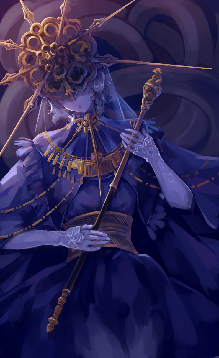 1boy, blue_dress, bridal_gauntlets, chain, choker, closed_mouth, covered_eyes, cowboy_shot, crossdressing, crossdressing_(mtf), curly_hair, dark_souls_(series), dark_souls_i, dark_sun_gwyndolin, dress, gold_chain, helmet, highres, holding, holding_staff, lace, lips, long_dress, male_focus, robe, shawl, solo, spikes, staff, tentacles, trap, veil, white_hair, white_robe, yun_kuokuo