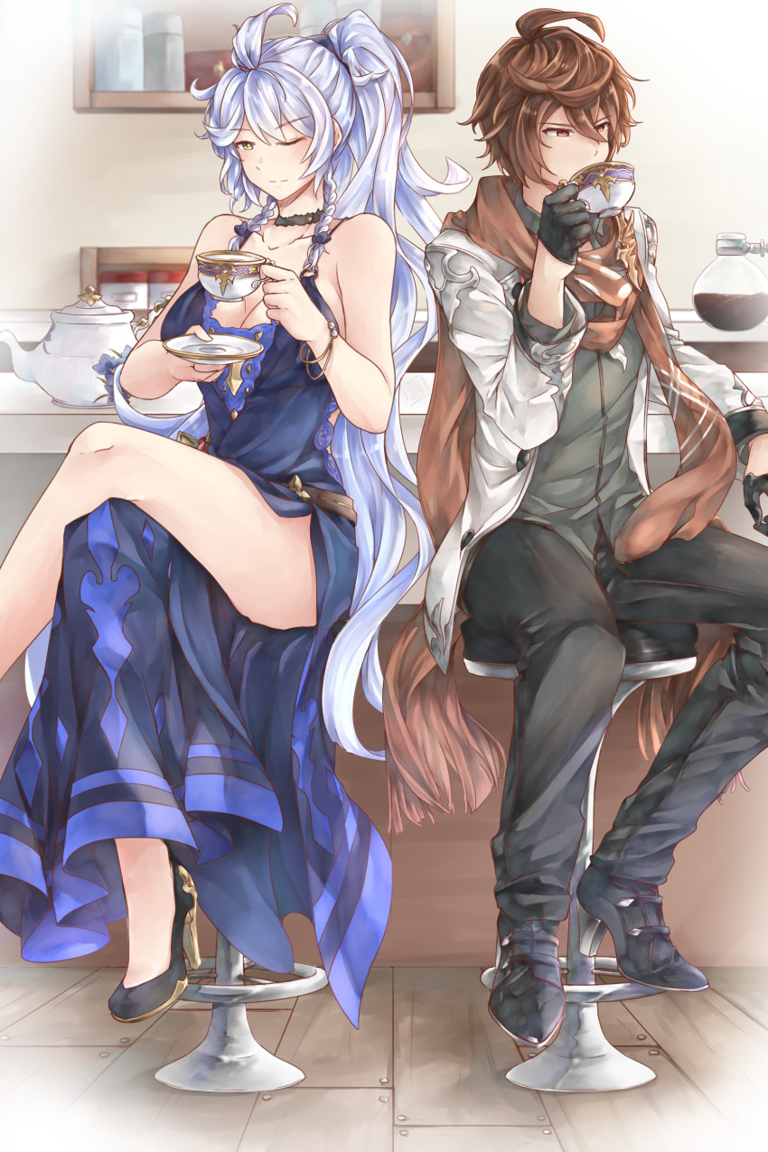 1boy, 1girl, absurdres, ahoge, arms_up, bar_stool, belt, black_footwear, black_gloves, black_pants, black_shirt, blue_dress, bracelet, breasts, brown_cape, brown_hair, brown_scarf, cape, choker, cleavage, coat, coffee_pot, commentary, counter, crossed_legs, cup, dress, drinking, english_commentary, gloves, granblue_fantasy, hair_between_eyes, half_gloves, head_tilt, high_heels, highres, holding, holding_cup, holding_saucer, indoors, jewelry, large_breasts, light_smile, limitless_skye, long_hair, looking_at_viewer, looking_away, one_eye_closed, open_clothes, open_coat, pants, ponytail, red_eyes, sandalphon_(granblue_fantasy), sandalphon_(primarch_afterhours)_(granblue_fantasy), saucer, scarf, shelf, shirt, short_hair, side_slit, silva_(gentian_blue)_(granblue_fantasy), silva_(granblue_fantasy), silver_hair, sitting, sleeveless, sleeveless_dress, stool, teacup, teapot, untucked_shirt, very_long_hair, white_coat, wooden_floor, yellow_eyes