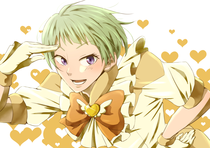 1boy, absurdres, battle_lover_sulfur, binan_koukou_chikyuu_bouei-bu_love!, bow, gem, gloves, green_hair, hand_on_own_hip, heart, heart_background, highres, looking_at_viewer, magical_boy, male_focus, naruko_io, orange_bow, purple_eyes, short_sleeves, simple_background, smile, two-tone_background, upper_body, yasuko_(ysk24tb), yellow_gloves