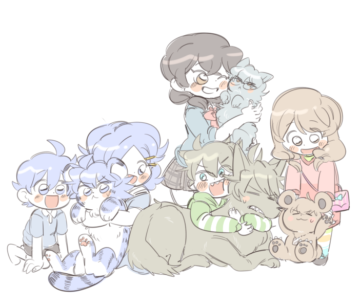 2boys, 3girls, akuno_hideo, akuno_hideo's_brother, amane_(idolmaster), animalization, baby_animal, bad_id, bad_twitter_id, bear, blue_hair, blush_stickers, brown_hair, cat, child, dog, glasses, hair_ornament, hairclip, hazama_michio, hazama_michio's_sister, hug, idolmaster, idolmaster_side-m, kneeling, multiple_boys, multiple_girls, nongtaro, pleated_skirt, school_uniform, shingen_seiji, short_hair, simple_background, skirt, smile, taiga_takeru, taiga_takeru's_brother, taiga_takeru's_sister, tiger, tiger_cub, white_background