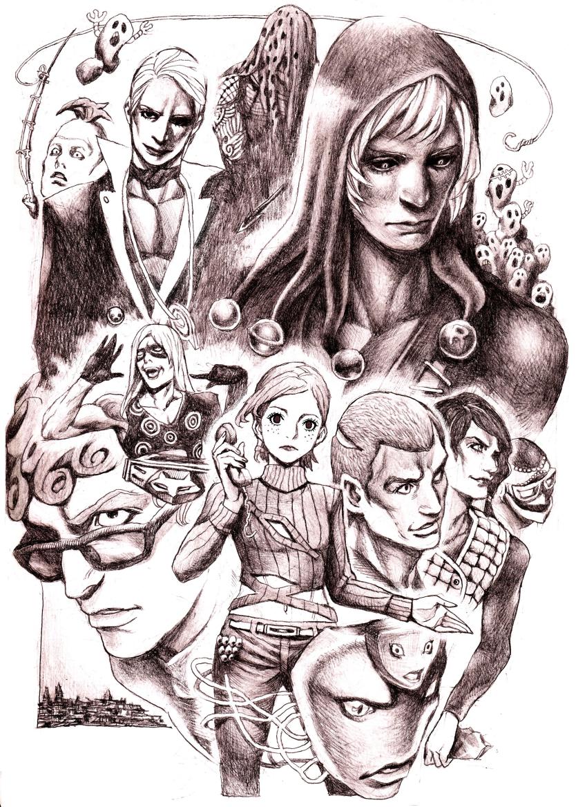 1girl, 6+boys, absurdres, beach_boy_(stand), black_sclera, colored_sclera, diavolo, fishing_rod, formaggio, ghiaccio, highres, illuso, jojo_no_kimyou_na_bouken, king_crimson_(stand), man_in_the_mirror_(stand), melone, metallica_(stand), monochrome, multiple_boys, nobita_(makoto7060355), pesci, prosciutto_(jojo), purple_theme, risotto_nero, simple_background, stand_(jojo), traditional_media, vento_aureo, vinegar_doppio, white_background