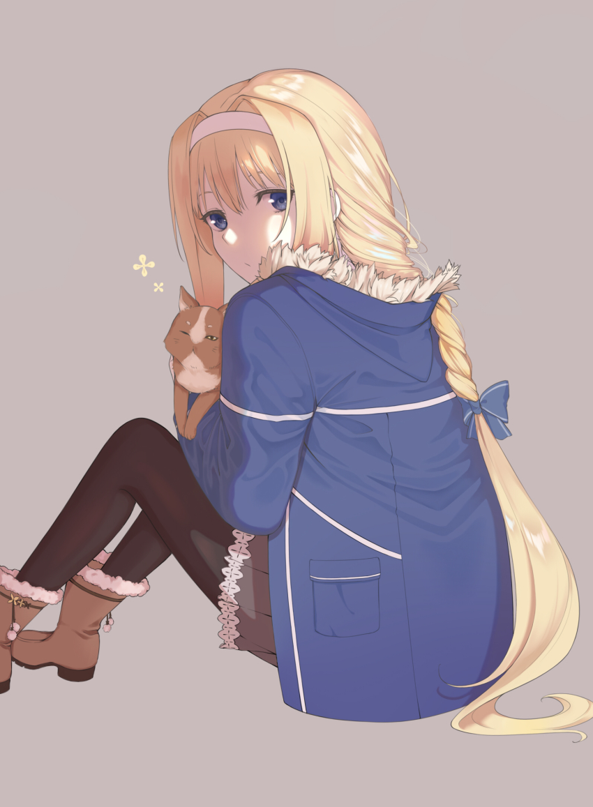 1girl, alice_zuberg, animal, black_pantyhose, blonde_hair, blue_bow, blue_coat, blue_eyes