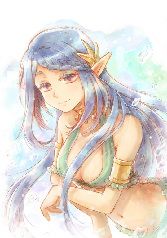 1girl, armlet, bikini, blue_hair, braid, breasts, character_request, choker