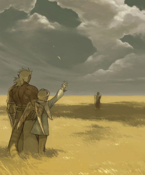 1boy, angel_wings, blonde_hair, breath_of_fire, breath_of_fire_iv, cloud, commentary_request, cray_(breath_of_fire), dress, elina_(breath_of_fire), field, hairband, meadow, multiple_boys, multiple_girls, nina_(breath_of_fire_iv), pantyhose, topless_male, short_hair, white_wings, wind, wings, zhuzi