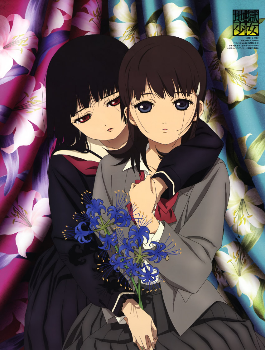 00s, 2girls, absurdres, black_hair, black_serafuku, blazer, blue_eyes, blue_flower
