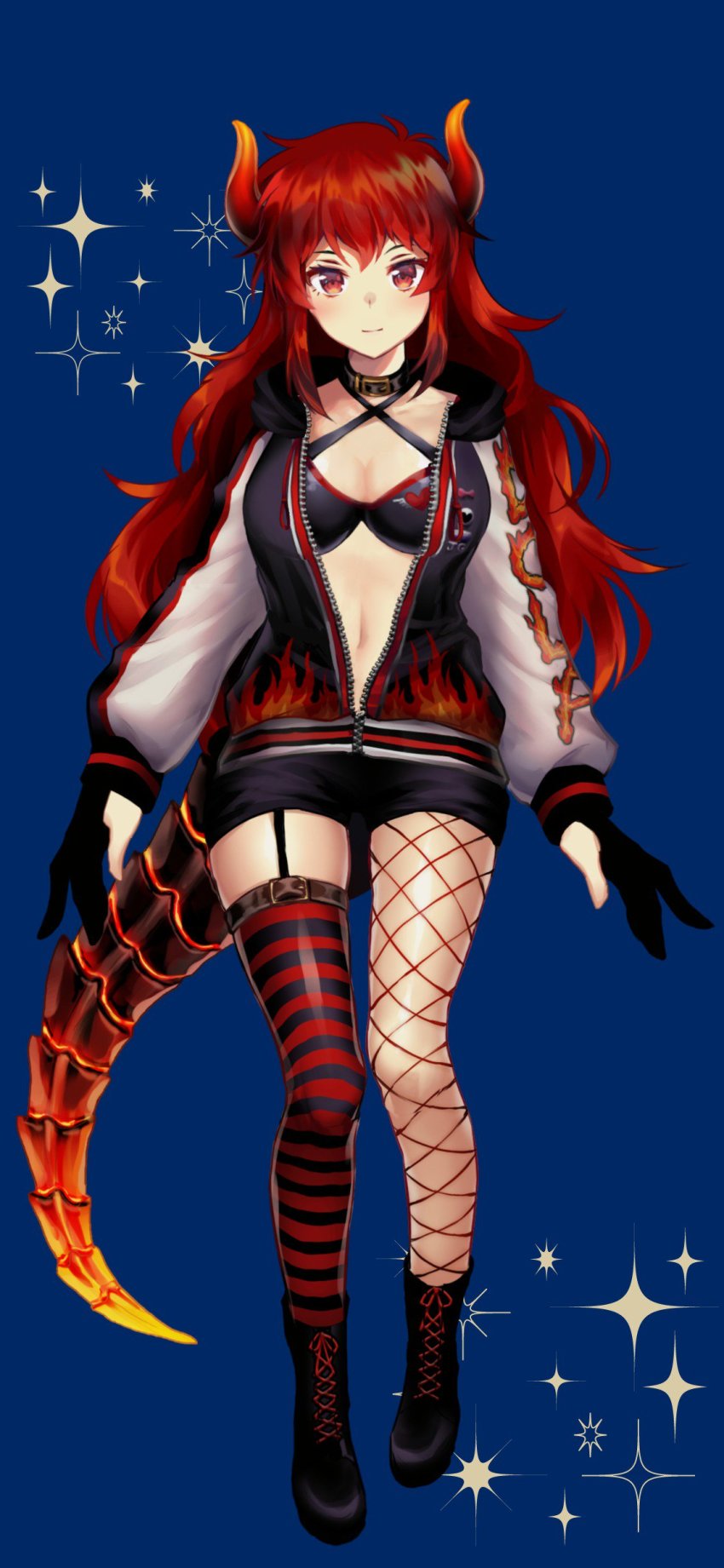 1girl, absurdres, asymmetrical_legwear, black_collar, black_jacket, black_shorts, blue_background, blush, bra, breasts, character_name, cleavage, closed_mouth, collar, cross-laced_footwear, dola_(3rd_costume)_(nijisanji), dola_(nijisanji), dragon_girl, dragon_horns, dragon_tail, female_focus, full_body, g.t, garter_straps, highres, horns, jacket, large_breasts, leg_belt, long_hair, long_sleeves, looking_at_viewer, midriff, navel, nijisanji, official_alternate_costume, official_art, open_clothes, open_jacket, pantyhose, red_eyes, red_hair, shorts, single_leg_pantyhose, single_thighhigh, smile, solo, standing, straight-on, tachi-e, tail, thighhighs, underwear, uneven_legwear, virtual_youtuber, white_jacket