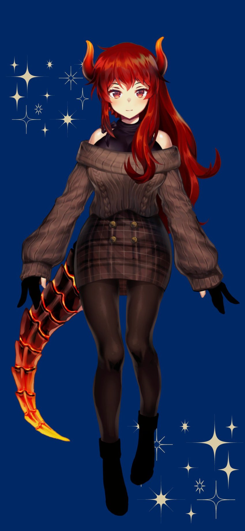 1girl, absurdres, bare_shoulders, black_footwear, black_shirt, blue_background, blush, breasts