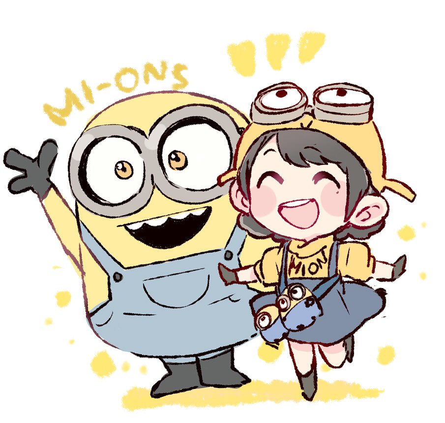 1girl, 1other, :d, ^_^, akb48, arm_up, black_footwear, black_gloves