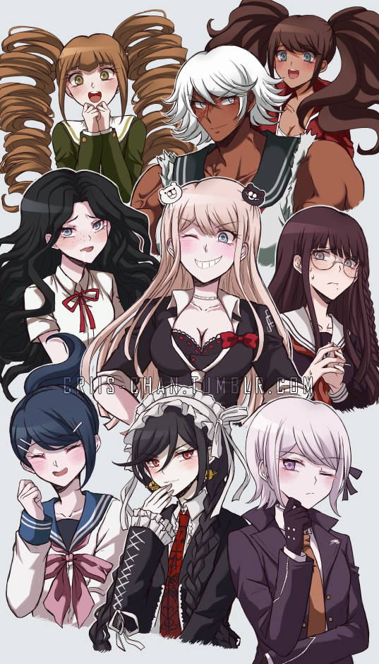 1boy, 6+girls, alternate_hairstyle, asahina_aoi, bear_hair_ornament, black_gloves, black_hair, black_jacket, blonde_hair, blue_hair, blush, bow, breasts, brown_hair, brown_neckwear, celestia_ludenberg, cleavage, closed_eyes, collarbone, commentary, criis-chan, danganronpa:_trigger_happy_havoc, danganronpa_(series), dark-skinned_female, dark-skinned_male, dark_skin, drill_hair, enoshima_junko, evil_grin, evil_smile, freckles, fujisaki_chihiro, fukawa_toko, glasses, gloves, grin, group_hairstyle_switch, hair_ornament, hair_up, hairclip, hairstyle_switch, headdress, ikusaba_mukuro, jacket, kirigiri_kyoko, large_breasts, long_hair, long_sleeves, looking_at_viewer, maizono_sayaka, medium_breasts, medium_hair, multiple_girls, necktie, ogami_sakura, one_eye_closed, red_bow, red_neckwear, red_ribbon, ribbon, scar, scar_on_face, school_uniform, short_hair, sleeves_rolled_up, small_breasts, smile, spoilers, sweatdrop, twintails, upper_body, white_hair, white_headdress