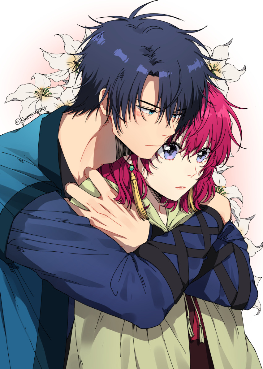 1boy, 1girl, absurdres, akatsuki_no_yona, black_hair, black_ribbon, blue_shirt, couple
