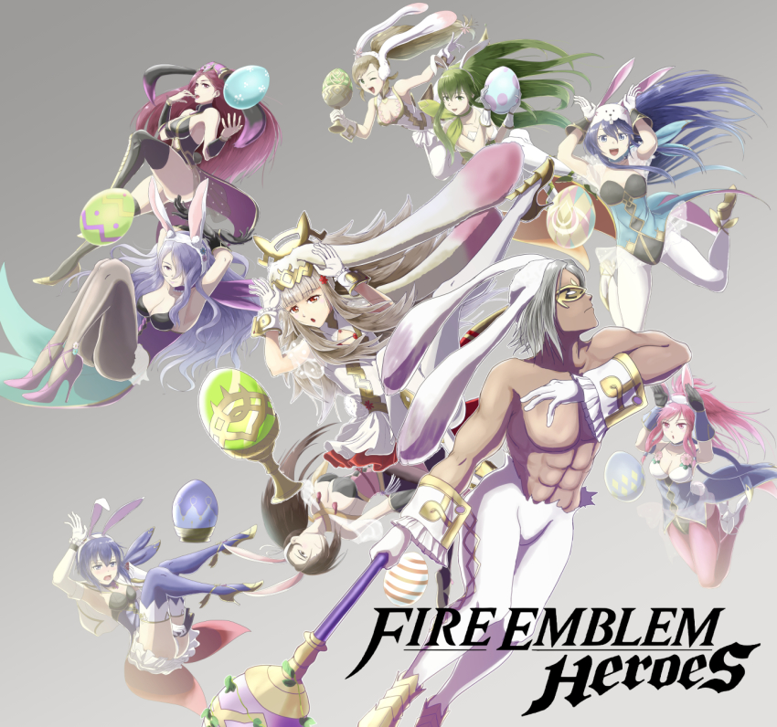 1boy, 6+girls, animal_ears, animal_hood, black_legwear, blonde_hair, blue_hair, breasts