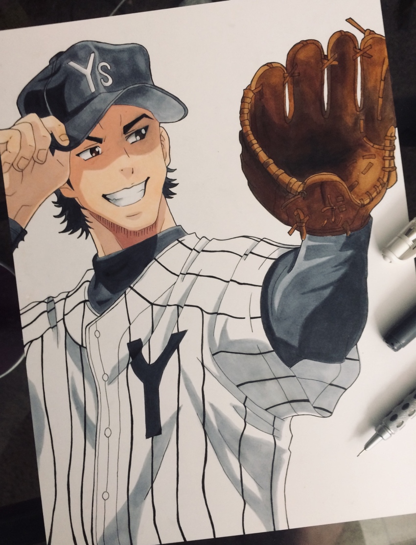 1boy, ace_of_diamond, adjusting_clothes, adjusting_headwear, baseball_cap, baseball_glove, baseball_uniform, black_hair