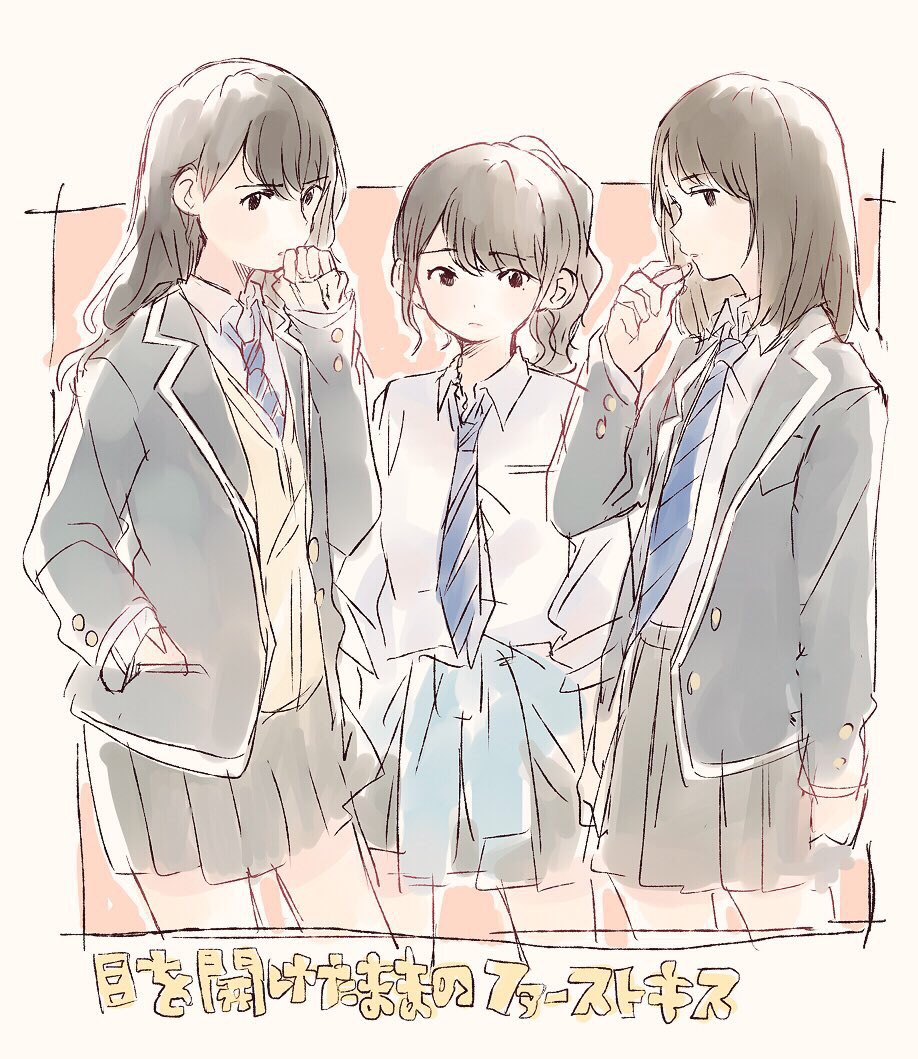 3girls, akb48, black_eyes, black_hair, black_jacket, black_skirt, blazer, blue_jacket, blue_neckwear, blush, brown_hair, clothes_around_waist, collared_shirt, frown, hand_in_pocket, hand_to_own_mouth, jacket, jacket_around_waist, katou_rena, kizaki_yuria, miniskirt, mole, mole_under_mouth, mukaichi_mion, multiple_girls, necktie, pale_color, pink_background, pleated_skirt, ponytail, real_life, shirt, sketch, skirt, sleeves_rolled_up, smile, song_name, striped_clothes, striped_necktie, striped_neckwear, taneda_yuuta, v-shaped_eyebrows, white_shirt