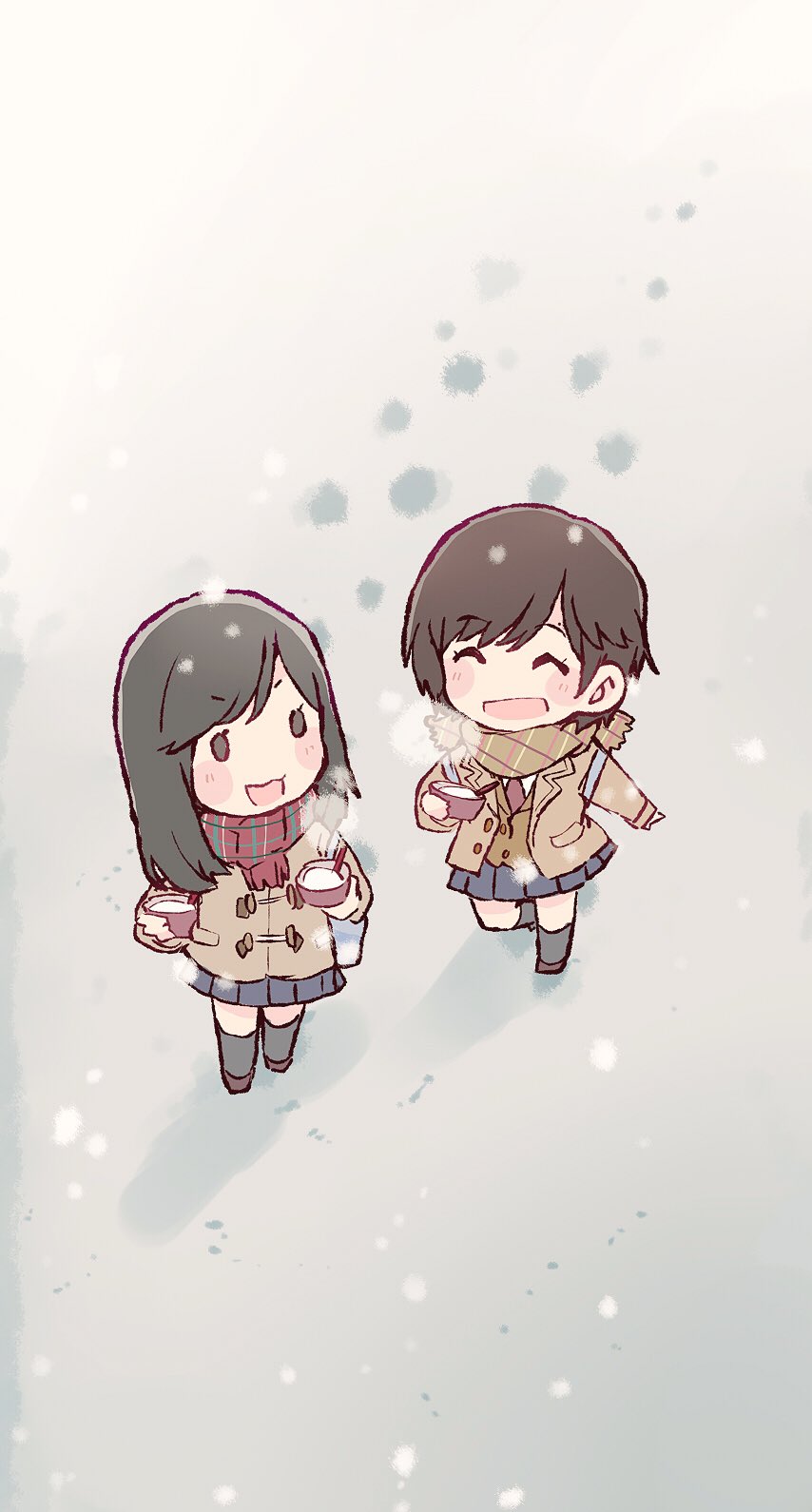2girls, :d, akb48, bag, black_eyes, black_hair, black_socks, blue_skirt, blush, bowl, breath, brown_coat, brown_footwear, brown_scarf, chibi, coat, footprints, highres, holding, holding_bowl, kneehighs, long_hair, long_sleeves, miniskirt, multiple_girls, necktie, okada_nana, open_mouth, plaid_clothes, plaid_scarf, pleated_skirt, real_life, red_neckwear, red_scarf, scarf, school_bag, short_hair, skirt, smile, snow, snowing, socks, taneda_yuuta, taniguchi_megu, v-shaped_eyebrows, walking, winter, winter_clothes