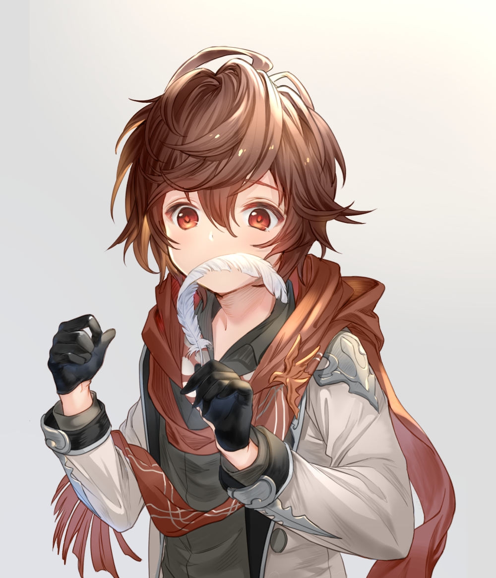 1boy, age_regression, aged_down, alternate_costume, brown_hair, casual, coto_ne, feathers, gloves, granblue_fantasy, half_gloves, jacket, male_focus, red_eyes, sandalphon_(granblue_fantasy), sandalphon_(primarch_afterhours)_(granblue_fantasy), scarf, shirt, short_hair, solo
