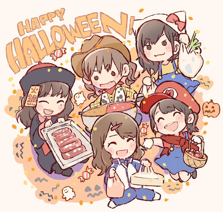 5girls, :3, :d, ^_^, akb48, animal_hat, animal_print, bag, bandana, basket, black_eyes, black_hair, blue_dress, blue_pants, blush, bow, brown_hair, brown_headwear, candy, cat_hat, chibi, closed_eyes, commentary_request, confetti, cosplay, cow_print, cowboy_hat, cowboy_western, dress, fang, food, ghost, hair_ornament, hairclip, halloween, halloween_costume, happy_halloween, hat, hat_bow, holding, holding_bag, holding_basket, holding_tray, hotpot, jack-o'-lantern, jacket, jiangshi_costume, katou_rena, long_sleeves, majisuka_gakuen, mario, mario_(cosplay), mario_(series), meat, mole, mole_under_eye, mole_under_mouth, mukaichi_mion, multiple_girls, nabe, nintendo, ofuda, ooshima_ryouka, open_mouth, pants, pinafore_dress, plaid_clothes, plaid_shirt, ponytail, print_vest, red_bandana, red_bow, red_headwear, red_shirt, sheriff_woody, sheriff_woody_(cosplay), shirt, shopping_bag, short_hair, sitting, sleeveless, sleeveless_dress, smile, spring_onion, takahashi_jyuri, taneda_yuuta, throwing, toy_story, track_jacket, track_suit, tray, twintails, uchiyama_natsuki, v-shaped_eyebrows, yellow_shirt