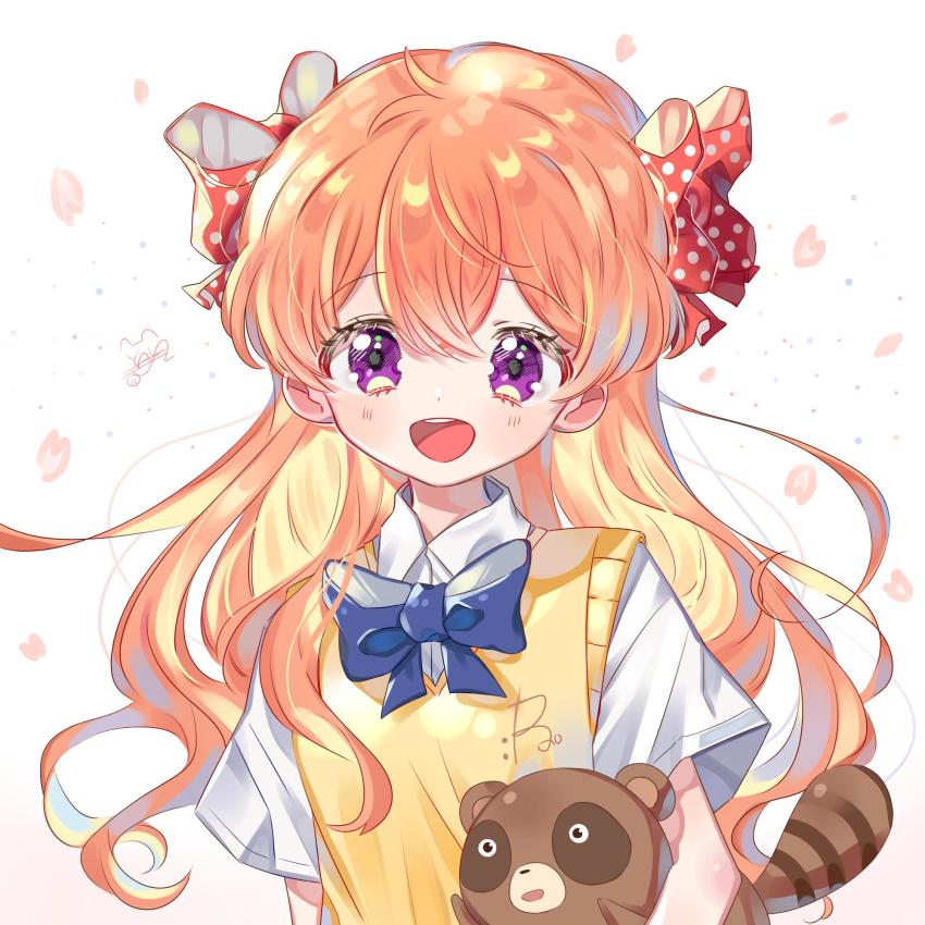 1girl, bad_id, bad_twitter_id, blue_bow, bow, collared_shirt, eyes_visible_through_hair, female_focus