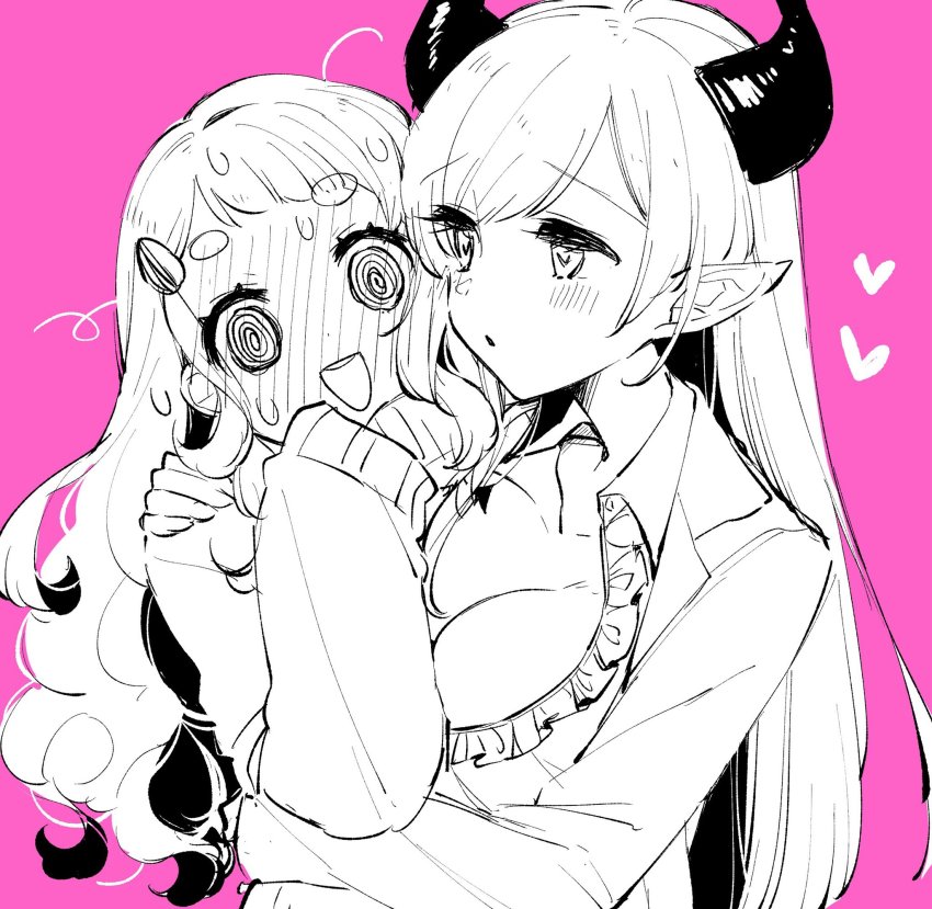 2girls, @_@, blush, breasts, collarbone, demon_girl, demon_horns, facing_viewer, frills, heart, highres, hololive, horns, kurihara_sakura, large_breasts, long_hair, looking_at_another, machita_chima, machita_chima_(1st_costume), monochrome, multiple_girls, nijisanji, open_clothes, open_mouth, pink_background, pointy_ears, round_teeth, simple_background, smile, sweatdrop, teeth, thick_eyebrows, virtual_youtuber, yuri, yuzuki_choco, yuzuki_choco_(1st_costume)