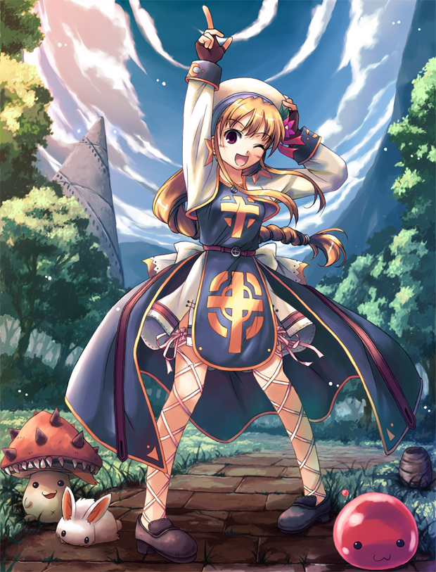 1girl, :3, arch_bishop_(ragnarok_online), archbishop_(ro), bad_id, bad_pixiv_id, ball, blonde_hair, braid, cloud, day, female_focus, hat, long_hair, lunatic_(ragnarok_online), monster, one_eye_closed, poring, pupa_(ragnarok_online), ragnarok_online, sky, solo, spore, spore_(ragnarok_online), tree, wink, yakka