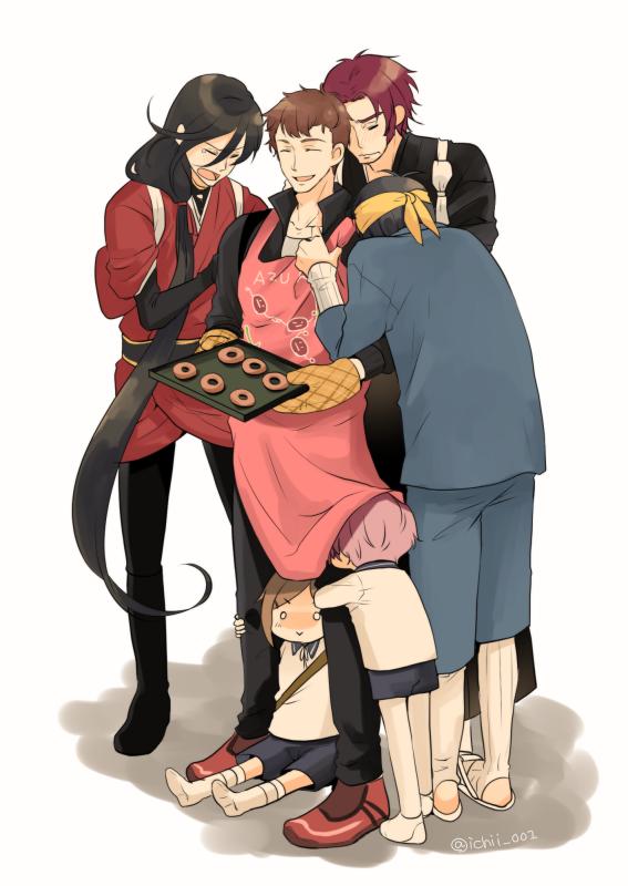 akita_toushirou, apron, azuki_nagamitsu_(touken_ranbu), black_hair, blue_hair, food, gloves, houchou_toushirou