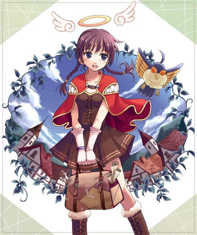 1girl, bad_id, bad_pixiv_id, bird, blue_eyes, boots, braid, brown_boots