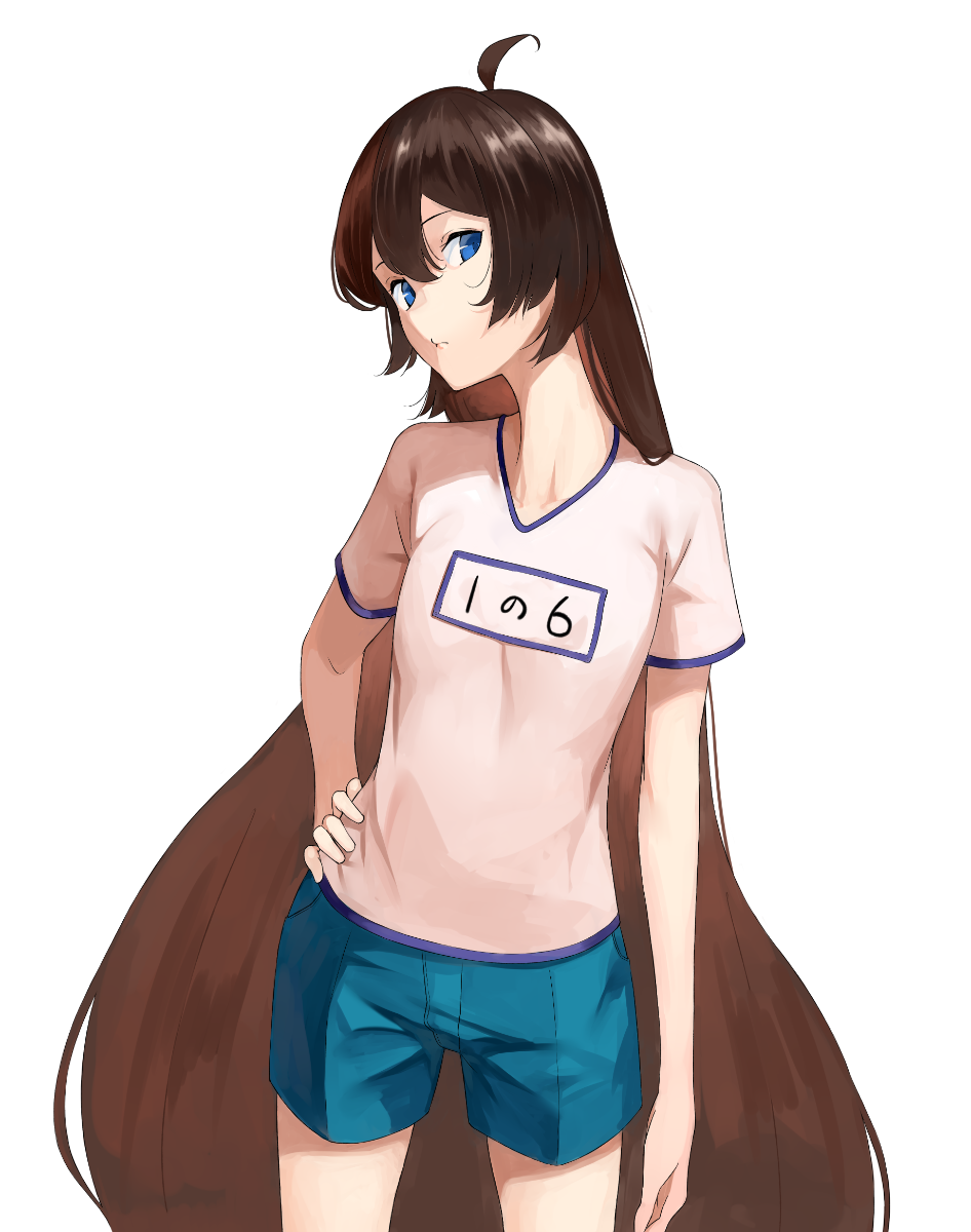 1girl, absurdly_long_hair, ahoge, bad_id, bad_pixiv_id, blue_eyes, blue_shorts, brown_hair