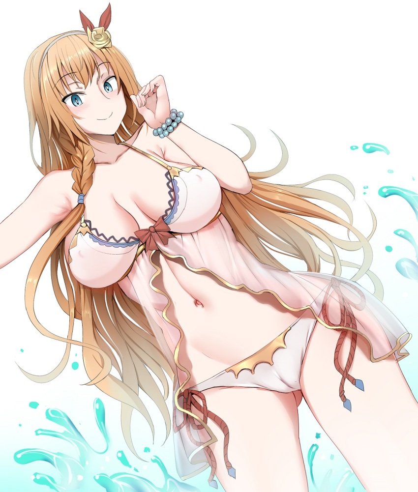 1girl, arm_up, bikini, blonde_hair, blue_eyes, blush, bracelet, braid