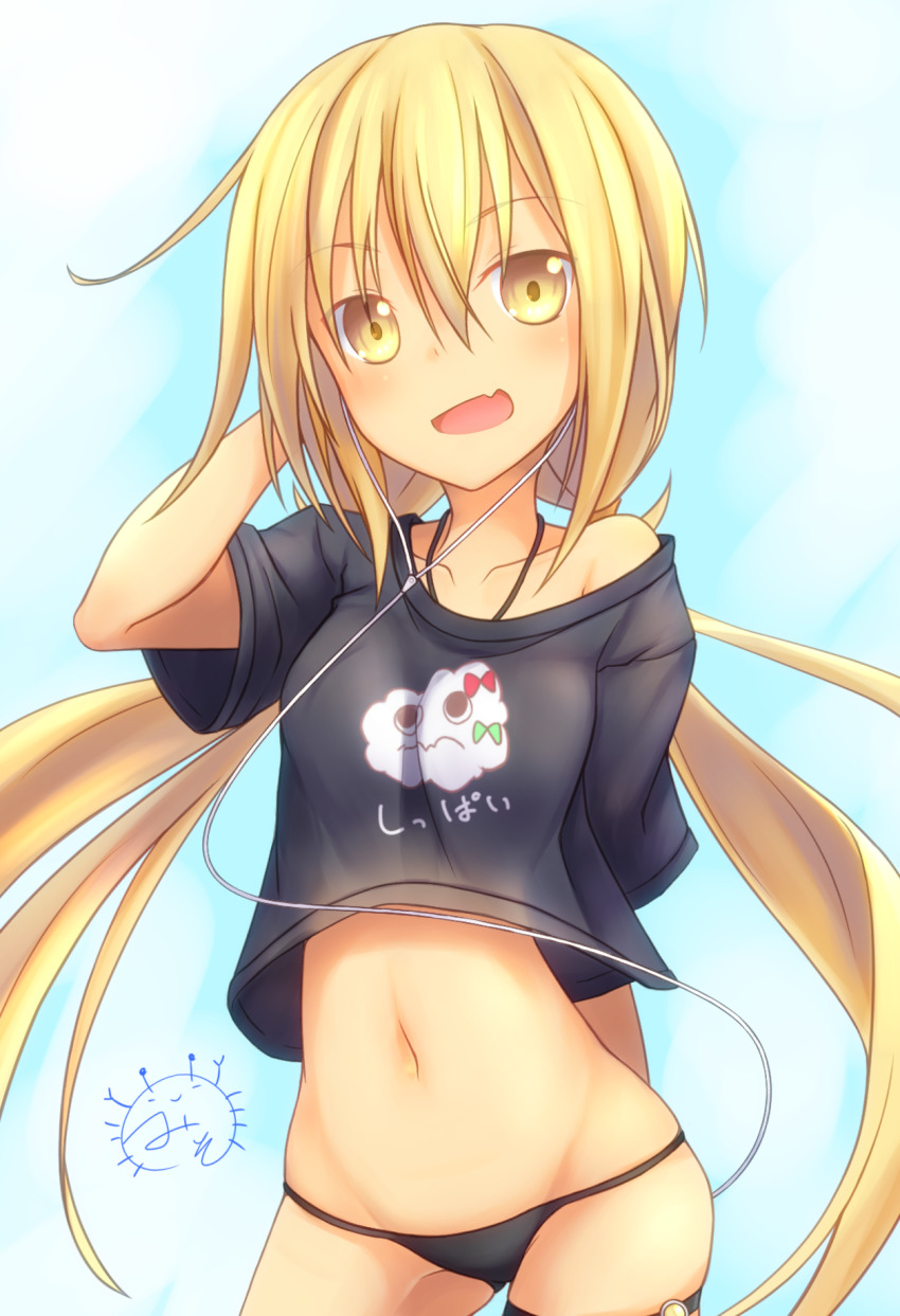 1girl, black_panties, black_shirt, blonde_hair, blush, breasts, gradient_background, hair_between_eyes, highres, kanimiso_(juutilainen77), kantai_collection, long_hair, low_twintails, miss_cloud, navel, no_pants, open_mouth, panties, satsuki_(kancolle), shirt, small_breasts, twintails, underwear, very_long_hair, yamanokami_satsuki, yellow_eyes