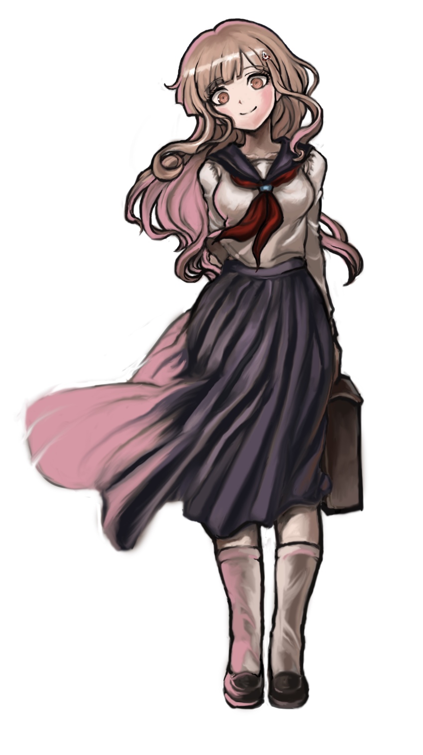 1girl, absurdres, alternate_costume, alternate_hair_length, alternate_hairstyle, bag, black_shoes, blue_skirt, breasts, brown_eyes, brown_hair, commentary_request, danganronpa_(series), danganronpa_2:_goodbye_despair, female_focus, full_body, hair_ornament, hairclip, highres, holding, holding_bag, light_brown_hair, long_hair, long_skirt, looking_at_viewer, medium_breasts, nanami_chiaki, pleated_skirt, school_uniform, serafuku, shirt, shoes, simple_background, skirt, smile, socks, solo, standing, white_background, white_shirt, white_socks, y3
