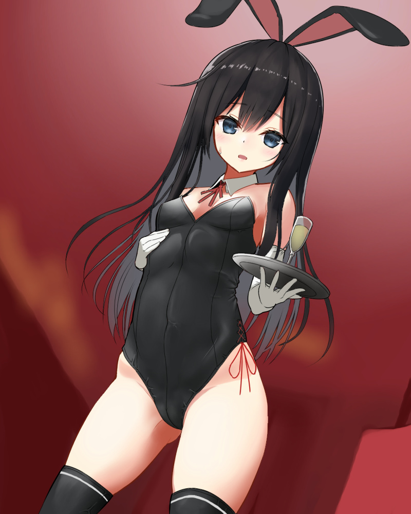 1boy, 1girl, alternate_costume, animal_ears, asashio_(kancolle), bare_shoulders, black_hair, black_leotard
