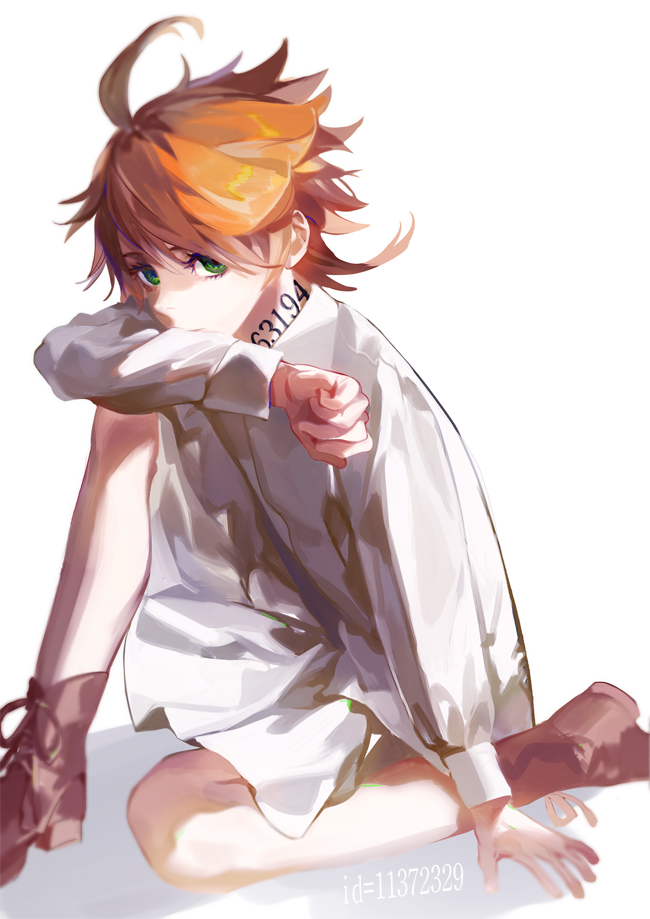 1girl, ahoge, blouse, brown_footwear, closed_mouth, collared_shirt, dress_shirt, emma_(yakusoku_no_neverland)