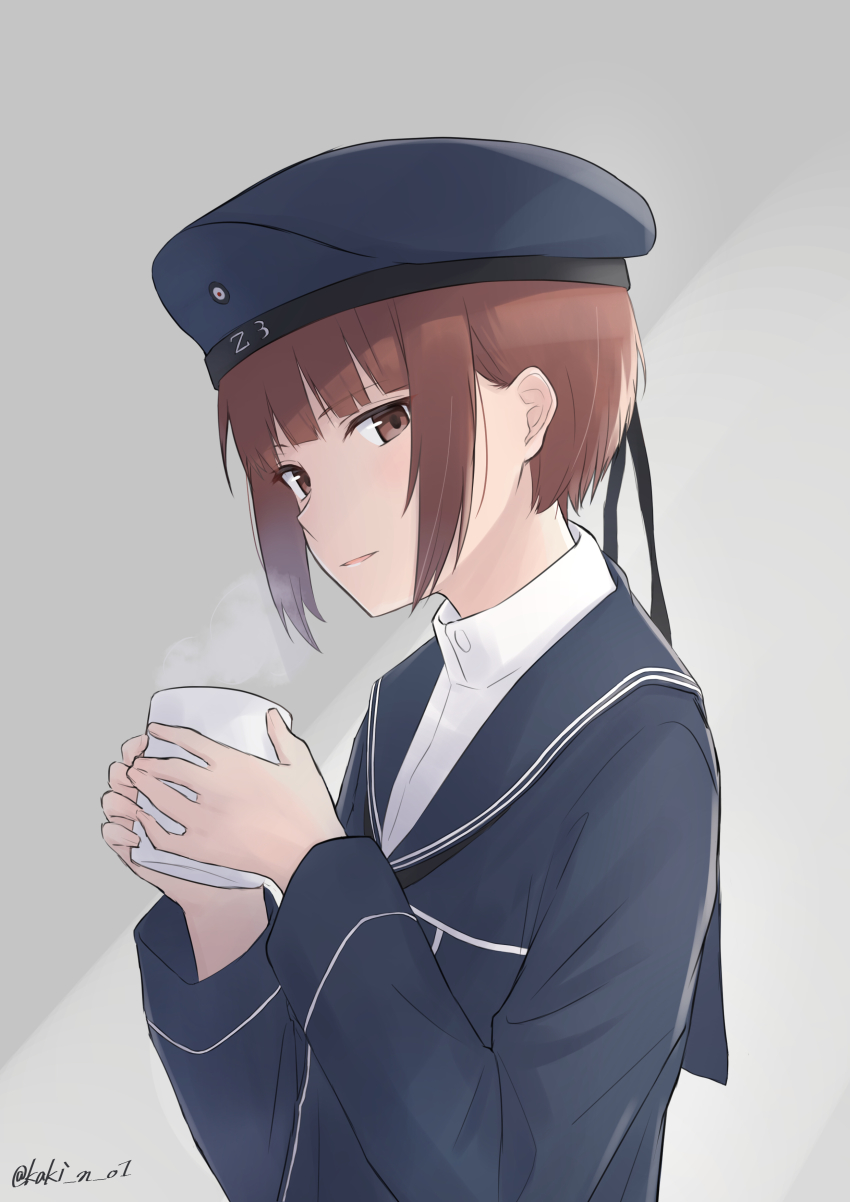 1girl, absurdres, blue_dress, blue_hat, brown_eyes, brown_hair, clothes_writing, cup