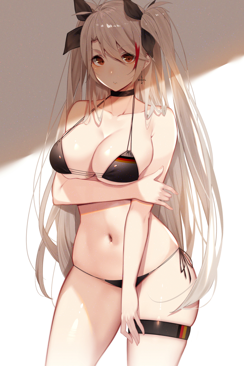 1girl, azur_lane, bare_arms, bare_shoulders, bikini, black_bikini, black_choker, black_ribbon, blush, breasts, choker, cleavage, collarbone, cowboy_shot, cross, cross_earrings, earrings, female_focus, flag_print, flag_print_bikini, german_flag, german_flag_bikini, hair_ribbon, hand_on_own_arm, highres, jewelry, kisui_(28992125), large_breasts, long_hair, looking_at_viewer, multicolored_hair, navel, parted_lips, print_bikini, prinz_eugen_(azur_lane), prinz_eugen_(unfading_smile)_(azur_lane), red_eyes, red_hair, ribbon, side-tie_bikini_bottom, silver_hair, skindentation, solo, stomach, strap_gap, streaked_hair, swimsuit, thigh_strap, two_side_up, underboob, very_long_hair
