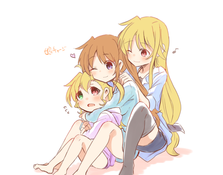 3girls, blonde_hair, blush, couple, family, family_bonding, fate_testarossa, girl_sandwich
