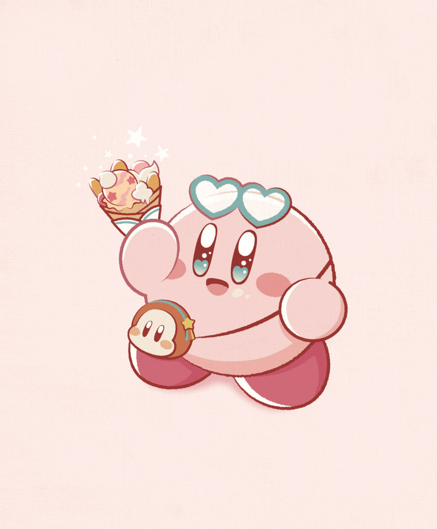 bag, blue_eyes, blush_stickers, crepe, eyewear_on_head, food, full_body, heart, heart-shaped_eyewear, highres, holding, holding_crepe, holding_food, kirby, kirby_(series), nintendo, no_humans, open_mouth, pink_background, raku_ura, shoulder_bag, simple_background, smile, solo, star_(symbol), waddle_dee