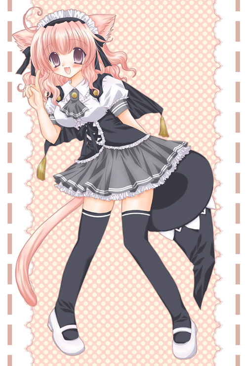 1girl, ahoge, animal_ears, bad_id, bad_pixiv_id, breasts, cat_ears, cat_girl, cat_tail, female_focus, full_body, hat, maid_headdress, pink_eyes, pink_hair, pointing, purple_eyes, shararan, skirt, solo, tail, thighhighs, witch_hat, zettai_ryouiki
