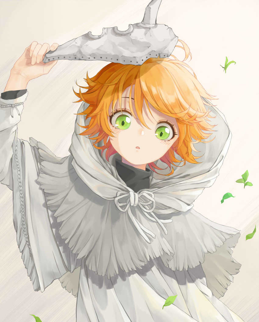 1girl, :o, ahoge, alternate_costume, arm_above_head, black_shirt, contrapposto, emma_(yakusoku_no_neverland)
