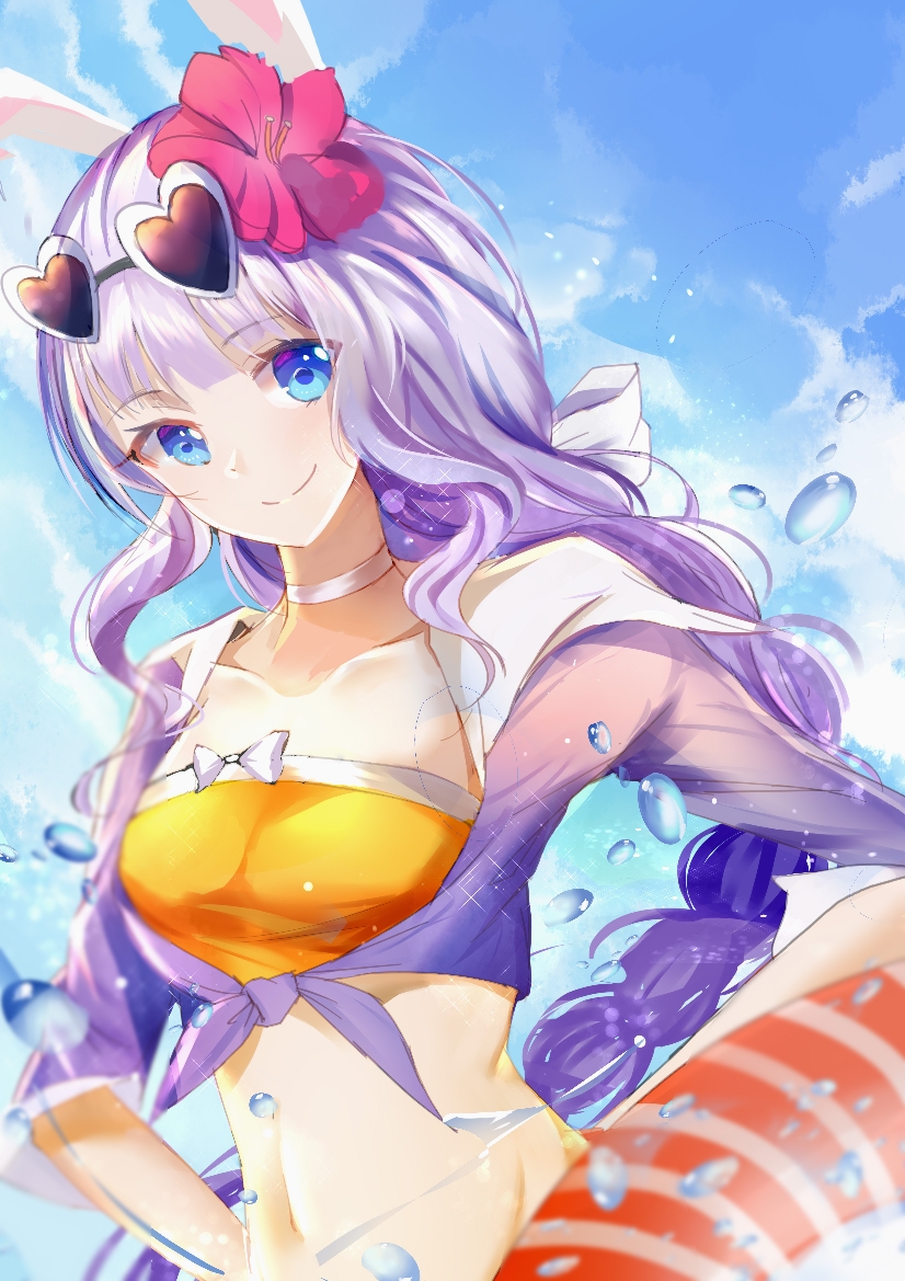 1girl, bikini, bikini_top_only, blue_eyes, blue_shirt, blue_sky, braid, braided_ponytail