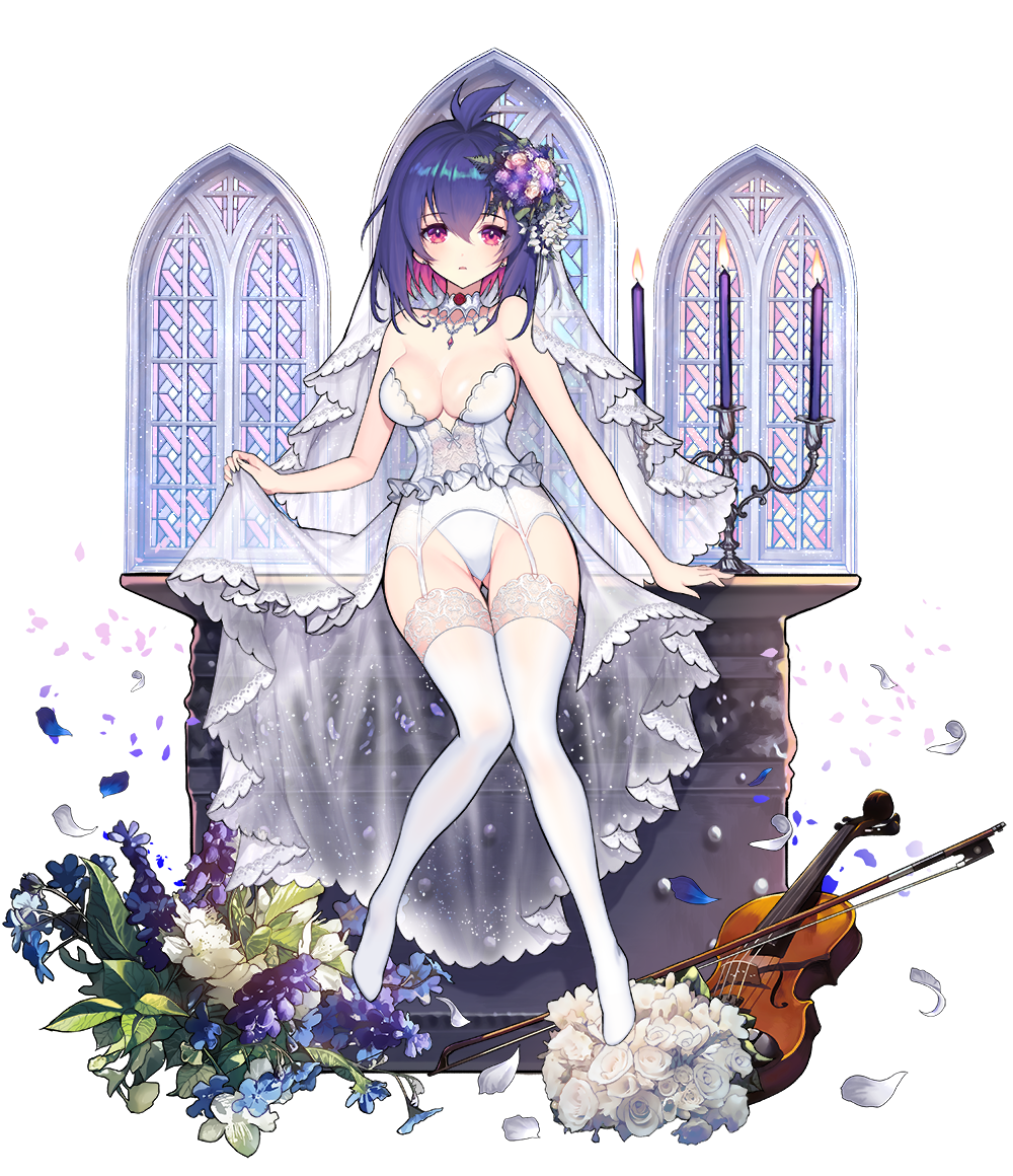 1girl, bare_arms, bare_shoulders, blush, bouquet, breasts, bridal_veil, bustier, candle, candlestand, choker, cleavage, earrings, female_focus, flower, frills, full_body, gluteal_fold, hair_between_eyes, hair_flower, hair_ornament, holding, houchi_shoujo, instrument, jewelry, kakou_ha_(houchi_shoujo), kyundoo, leaf, looking_at_viewer, medium_breasts, multicolored_hair, parted_lips, petals, pink_hair, purple_flower, purple_hair, see-through_clothes, short_hair, sitting, solo, strapless, thigh_gap, thighhighs, two-tone_hair, underwear, underwear_only, veil, viola_(instrument), waist_cape, white_choker, white_thighhighs, window