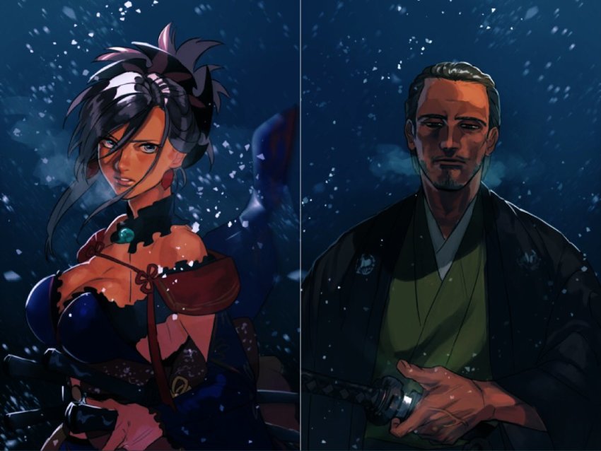 1boy, 1girl, beard, breasts, character_request, check_character, cleavage, crest