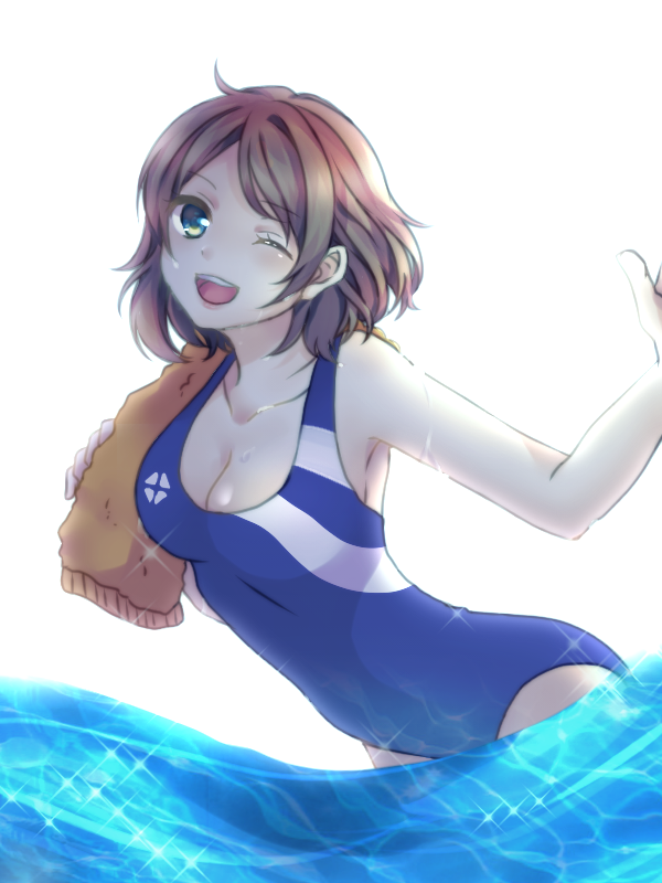 1girl, blue_eyes, blue_one-piece_swimsuit, blush, breasts, cleavage, collarbone, competition_swimsuit