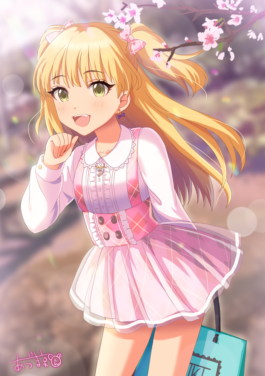 1girl, arm_behind_back, azuma_kei, bag, blonde_hair, blue_bow, blurry, blurry_background
