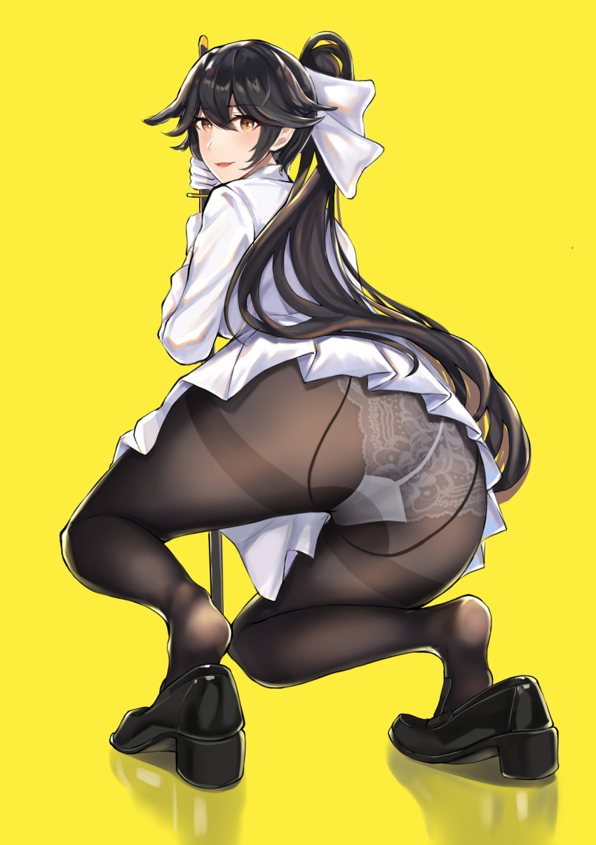 1girl, :d, ass, azur_lane, black_hair, black_shoes, blush, bow, breasts, commentary_request, enico, eyelashes, feet, female_focus, from_behind, full_body, hair_between_eyes, hair_bow, highres, jacket, katana, lace, lace_panties, loafers, long_hair, long_sleeves, looking_at_viewer, looking_back, open_mouth, panties, panties_under_pantyhose, pantyhose, ponytail, ribbon, sheath, sheathed, shoes, sidelocks, simple_background, skirt, smile, soles, solo, squatting, sword, takao_(azur_lane), thighband_pantyhose, underwear, very_long_hair, weapon, white_bow, white_jacket, white_panties, white_skirt, yellow_background, yellow_eyes