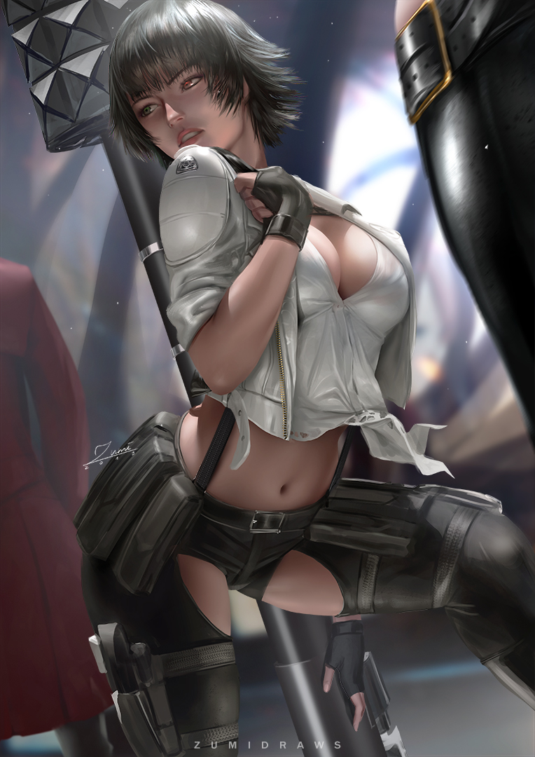 1boy, 2girls, bayonet, bazooka, belt, black_gloves, black_hair, black_legwear, blurry, blurry_background, breasts, capcom, chaps, cleavage, dante_(devil_may_cry), devil_may_cry_(series), devil_may_cry_5, electronic_firearm, fingerless_gloves, gloves, green_eyes, heterochromia, jacket, kalina_ann_(weapon), lady_(devil_may_cry), large_breasts, looking_to_the_side, m20_super_bazooka, man-portable_anti-tank_systems, midriff, multiple_girls, navel, parted_lips, red_eyes, red_jacket, rocket_launcher, short_hair, short_shorts, shorts, solo_focus, stomach, suspenders, trish_(devil_may_cry), weapon, zumi_(zumidraws)