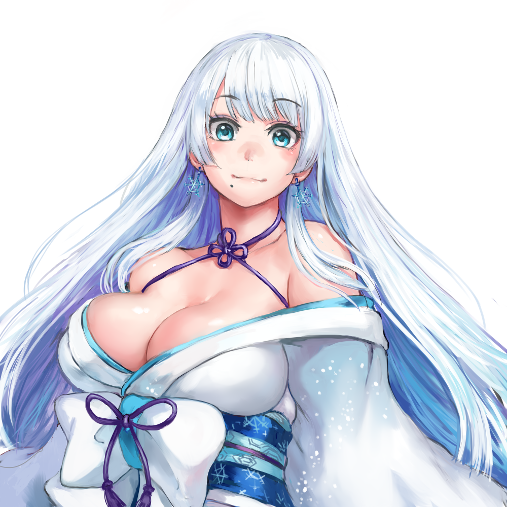 1girl, bare_shoulders, blue_eyes, blush, bow, breasts, cleavage, closed_mouth, collarbone, commentary_request, female_focus, hair_ornament, halterneck, japanese_clothes, kimono, large_breasts, long_hair, long_sleeves, looking_at_viewer, mole, mole_under_mouth, nijisanji, off_shoulder, sash, setsuna_(1st_costume)_(nijisanji), setsuna_(nijisanji), shu-mai, sidelocks, smile, snowflake_hair_ornament, solo, tsurime, upper_body, virtual_youtuber, waist_bow, white_background, white_hair, white_kimono, yuki_onna