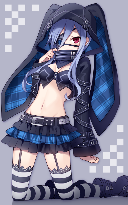 1girl, animal_ears, animal_hood, belt, black_boots, black_bra, black_hoodie, black_skirt