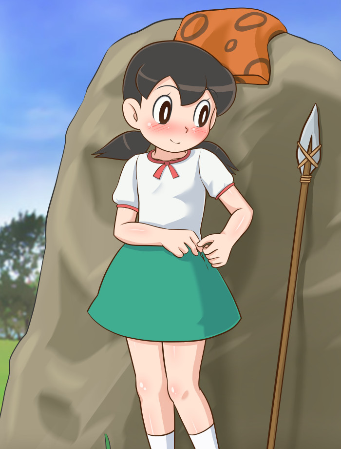 1girl, barbarian, black_eyes, black_hair, blush, child, doraemon, goldmondsel, minamoto_shizuka, polearm, prehistoric, spear, tagme, tribal_clothes, undressing, weapon
